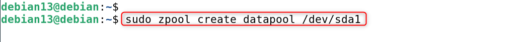 sudo zpool create datapool /dev/sda1