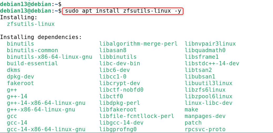 sudo apt install zfsutils-linux -y