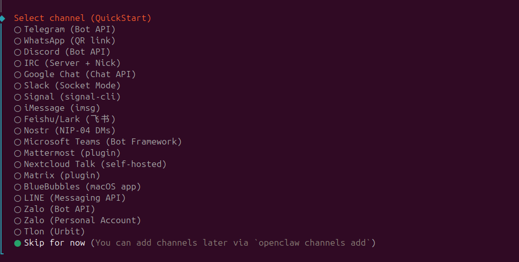 Select channel for communication with OpenClaw