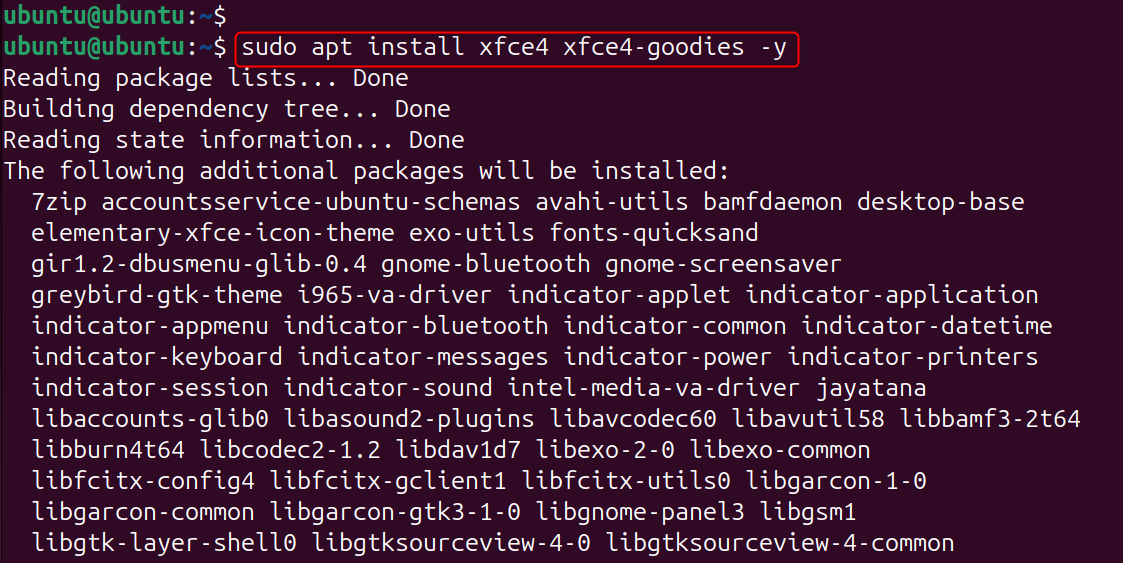 sudo apt install xfce4 xfce4-goodies -y