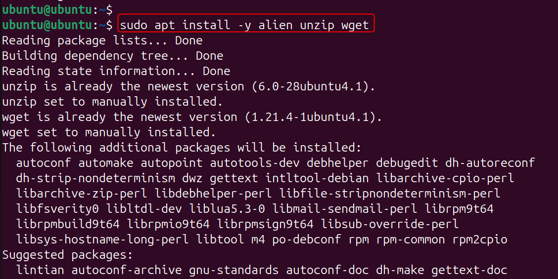 sudo apt install -y alien unzip wget