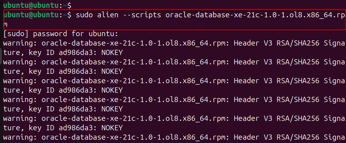 sudo alien --scripts oracle-database-xe-21c-1.0-1.ol8.x86_64.rpm
