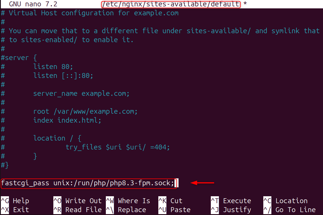 fastcgi_pass unix:/run/php/php8.3-fpm.sock;