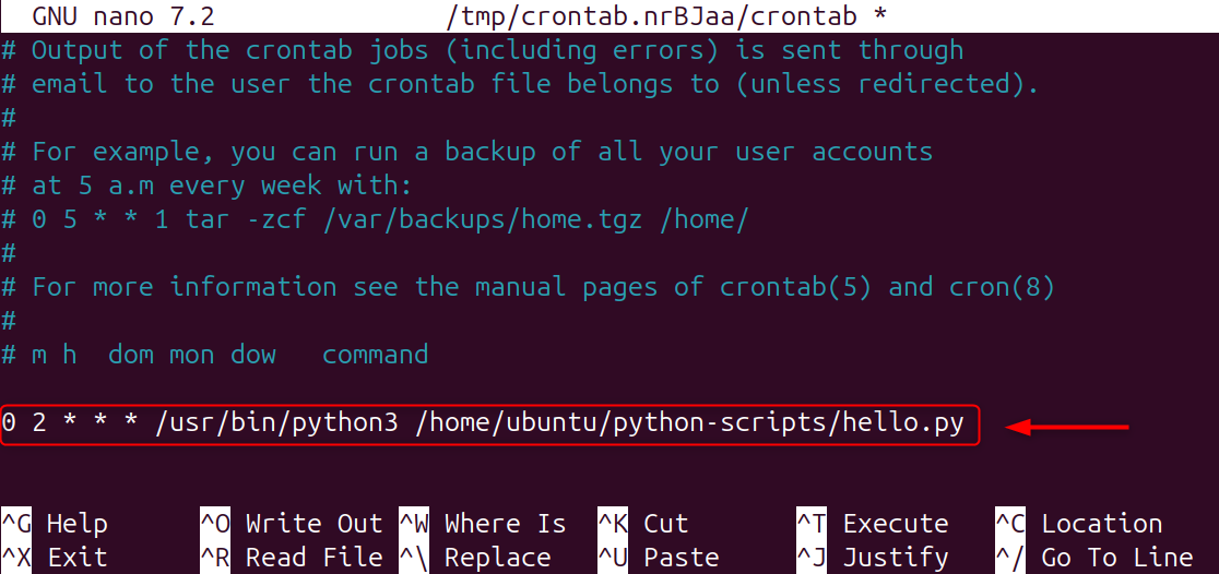 0 2 * * * /usr/bin/python3 /home/ubuntu/python-scripts/hello.py