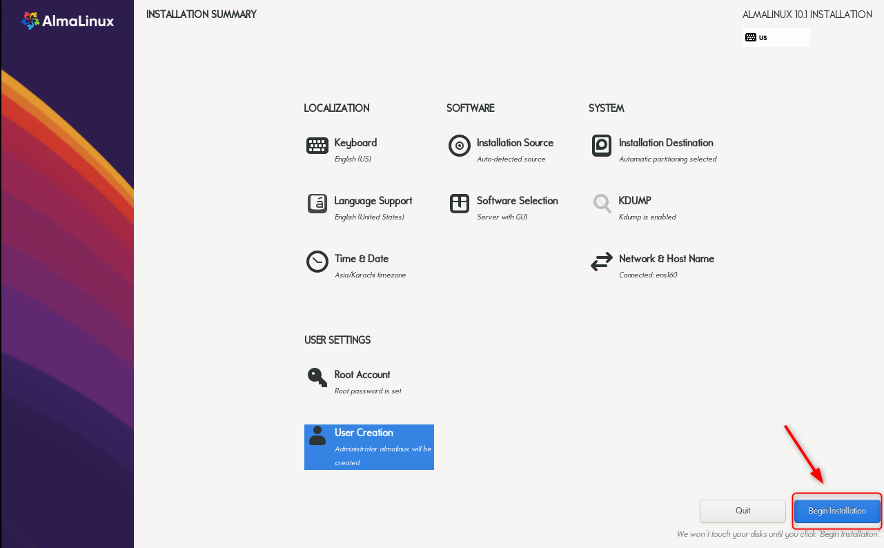 start the almalinux 10 installation