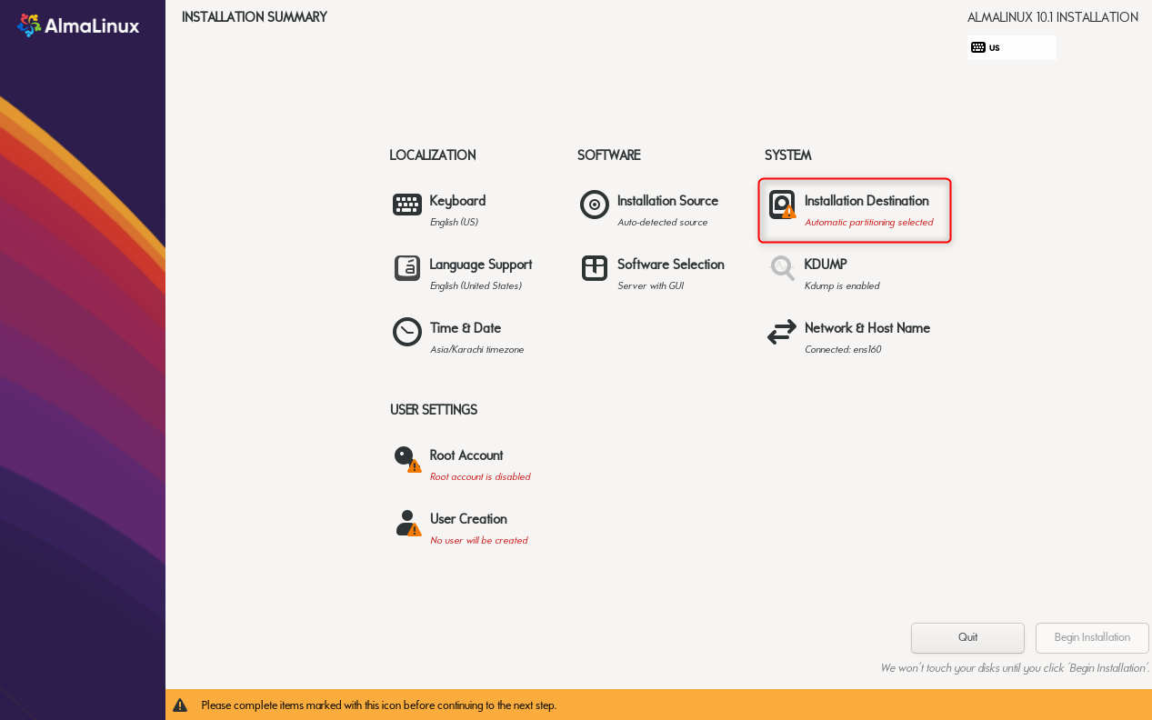 select the installation destination