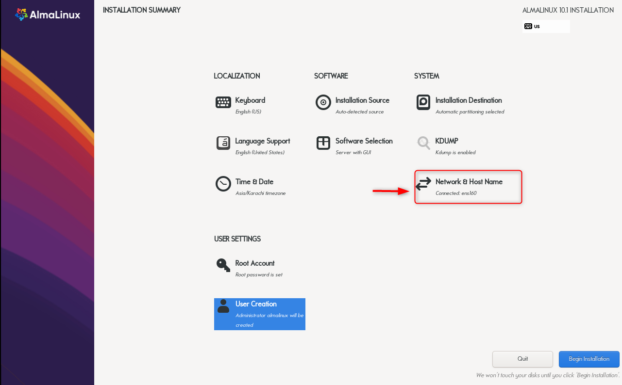 select network and host name