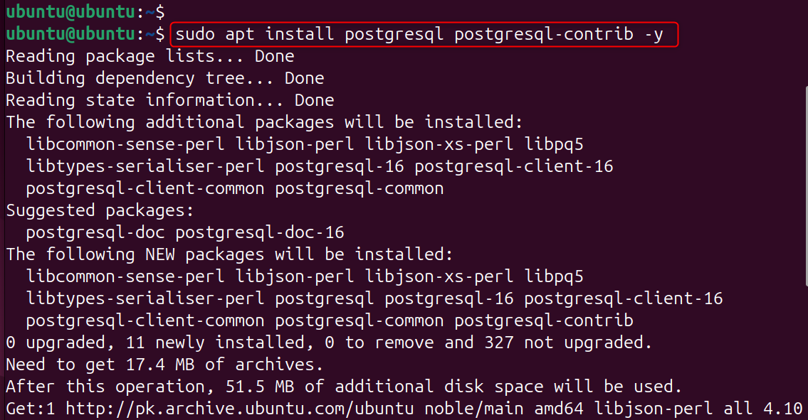 sudo apt install postgresql postgresql-contrib -y