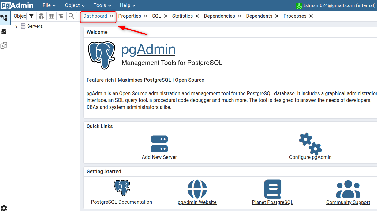 pgAdmin dashboard