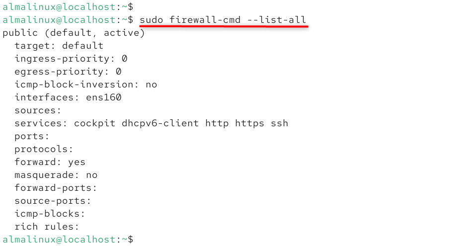 sudo firewall-cmd --list-all
