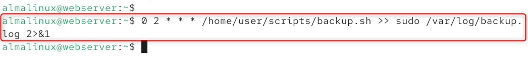 0 2 * * * /home/user/scripts/backup.sh >> sudo /var/log/backup.log 2>&1