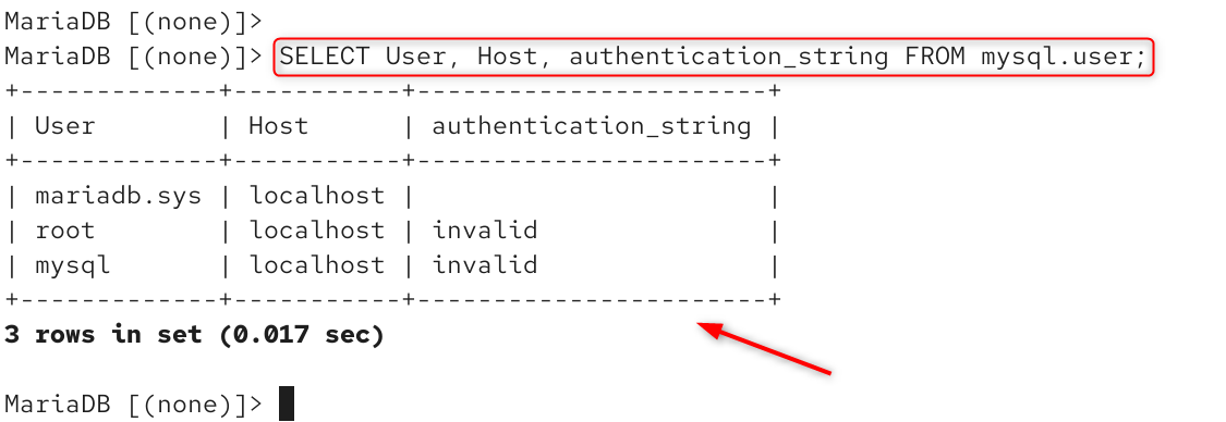 select user, host, authentication_string from mysql.user;