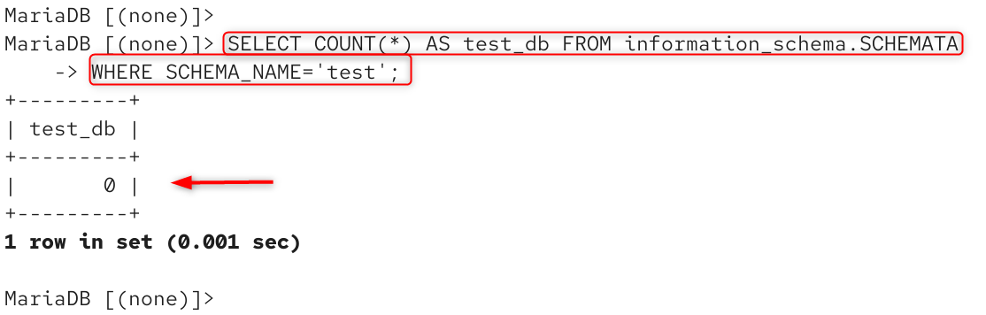select count (*) as test_db from information_schema.schemata where schema_name = 'test'