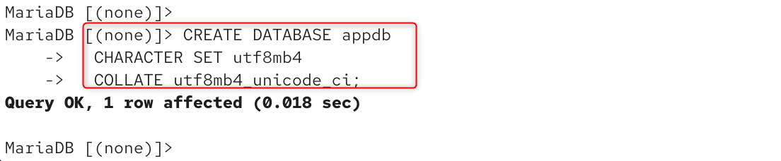 create dabatase appdb -> character set utf8mb4 -> collate utf8mb4 unicode_ci;