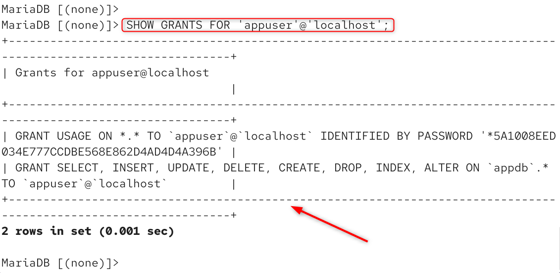 show grants for 'appuser' @ 'localhost';