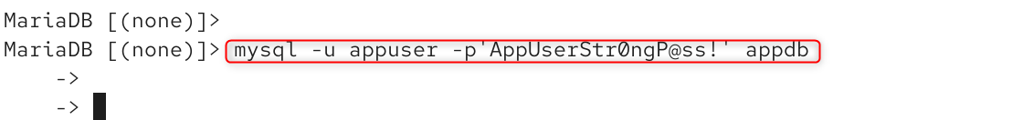 mysql -u appuser -p 'AppUserStrongP@ass!' appdb