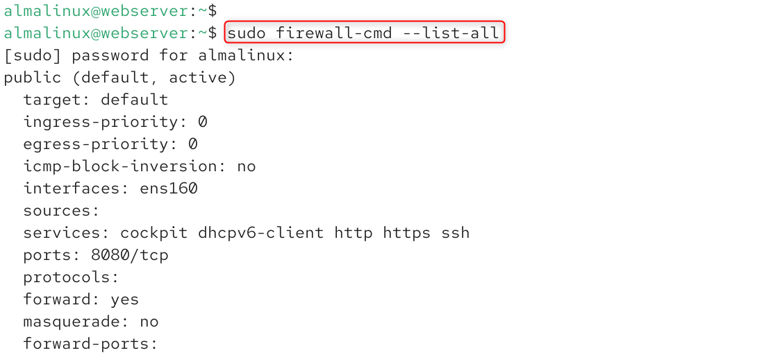 sudo firewall-cmd --list-all