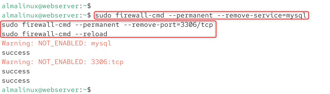 sudo firewall-cmd --permanent --remove-service=mysql