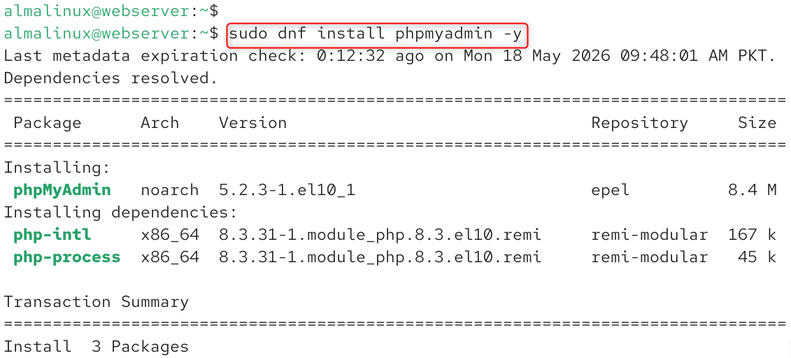 sudo dnf install phpmyadmin -y