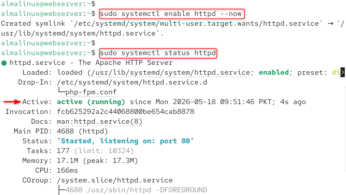sudo systemctl enable httpd --now