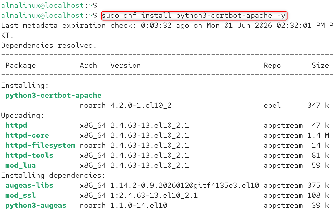   sudo dnf install python3-certbot-apache -y
