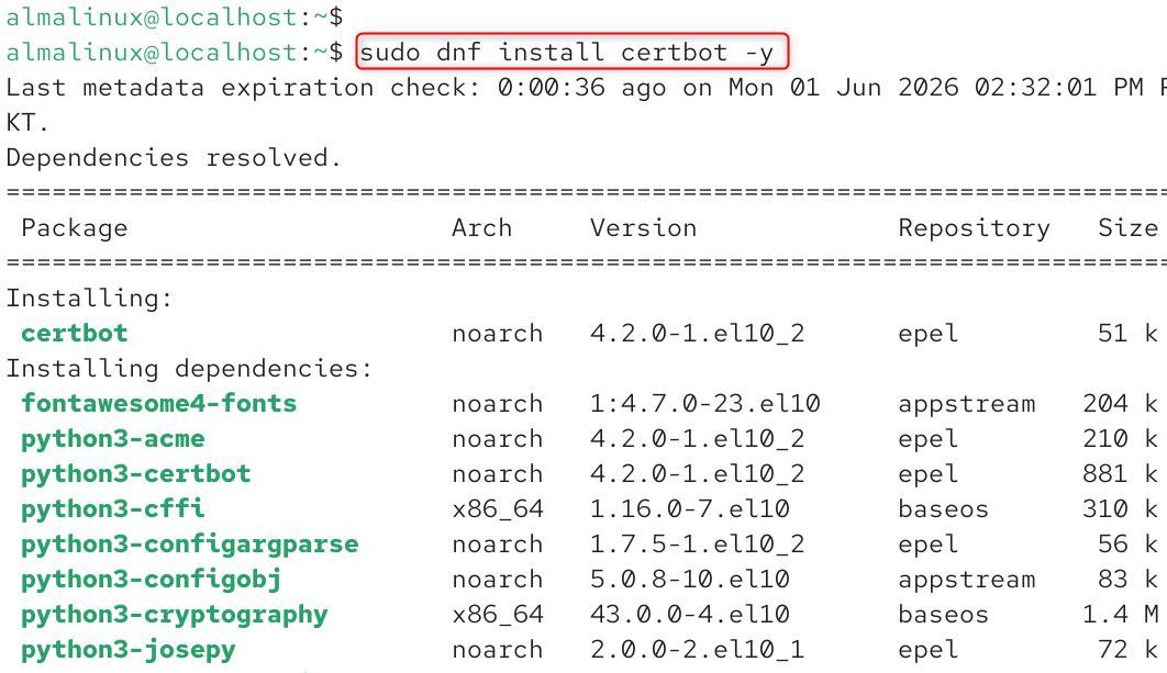   sudo dnf install certbot -y

