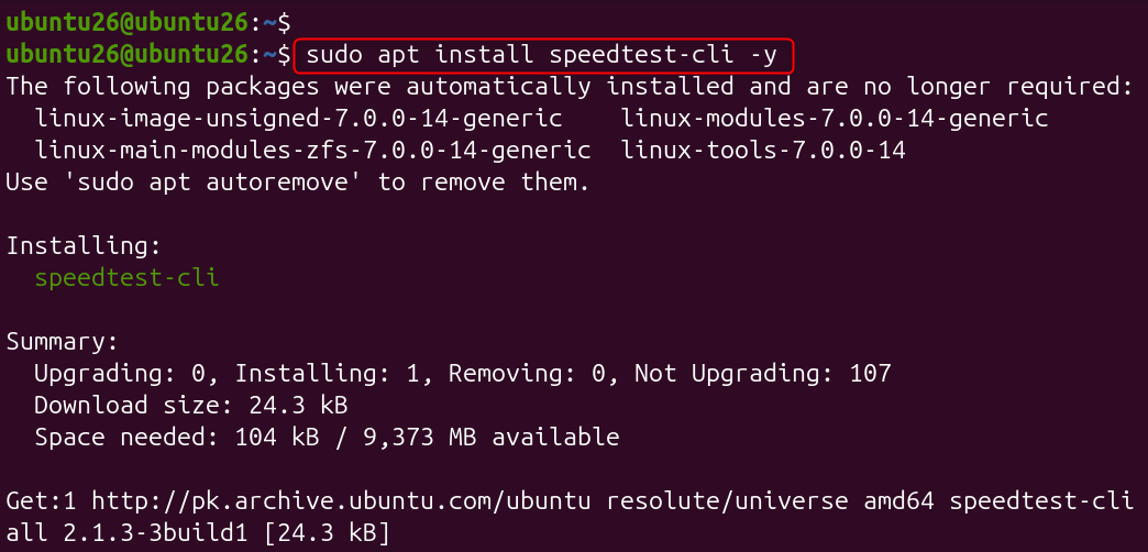 sudo apt install speedtest-cli -y