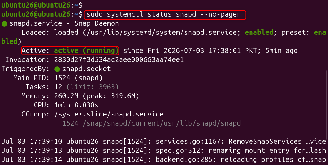 sudo systemctl status snapd --no-pager