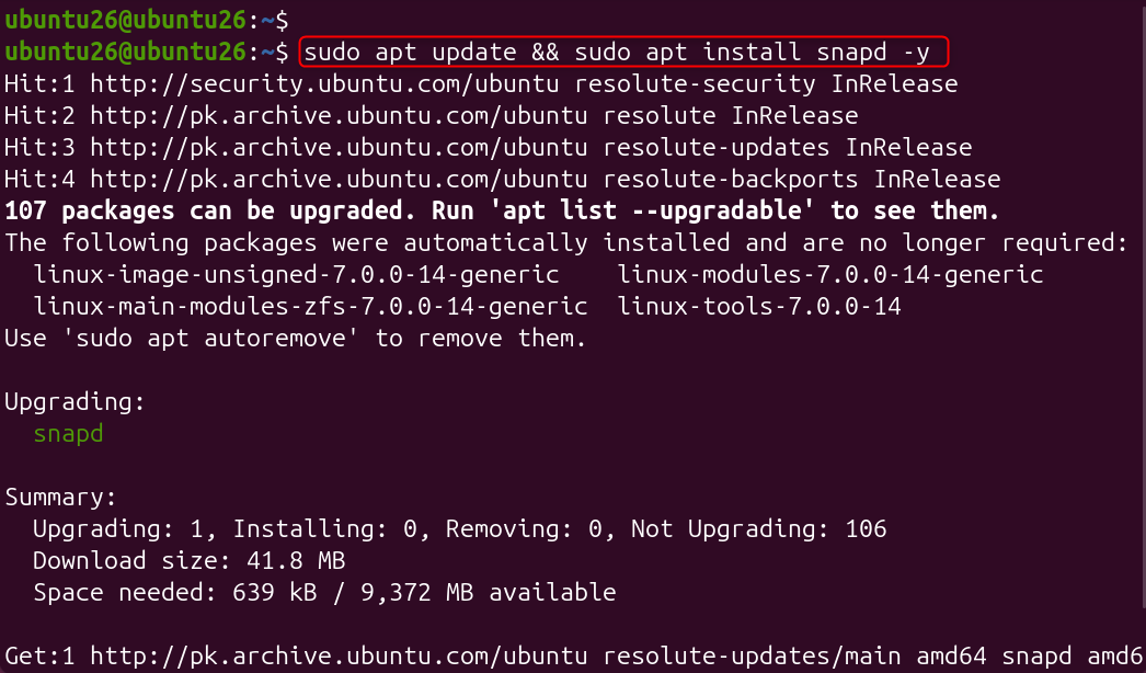 sudo apt update && sudo apt install snapd -y
