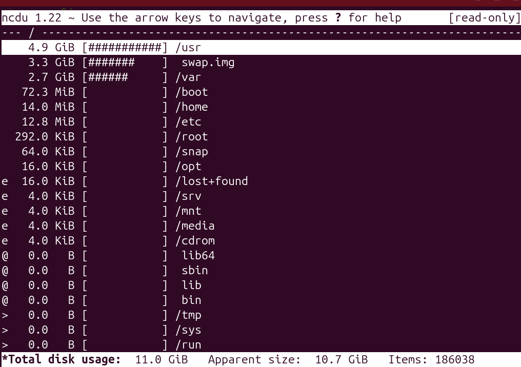 sudo ncdu -x -r /