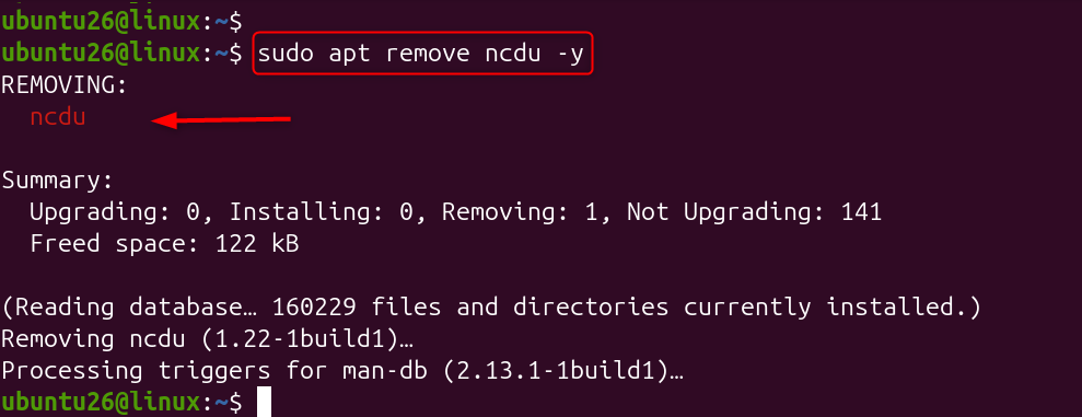 sudo apt remove ncdu -y