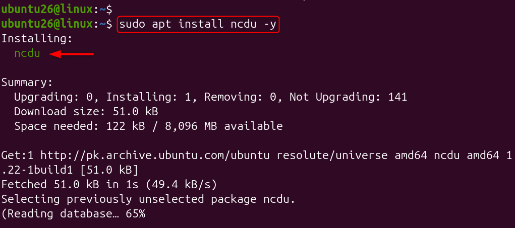 sudo apt install ncdu -y