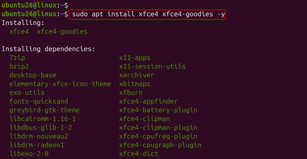 sudo apt install xfce4 xfce4-goodies -y