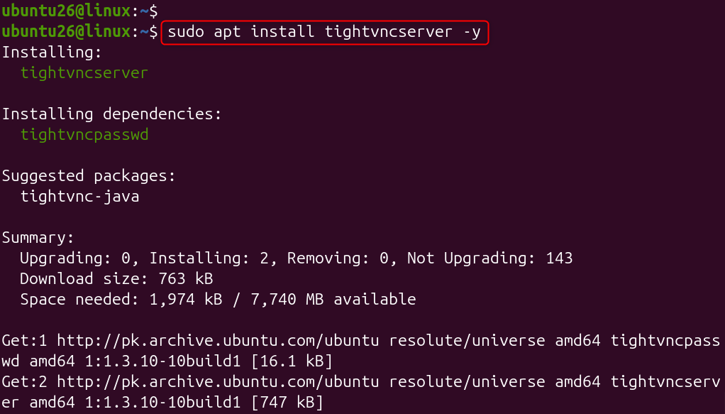 sudo apt install tightvncserver -y