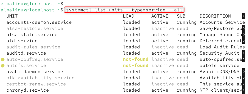 systemctl list-units --type=service --all