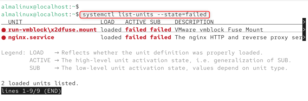 systemctl list-units --state=failed