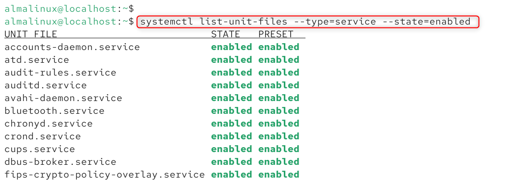 systemctl list-unit-files --type=service --state=enabled