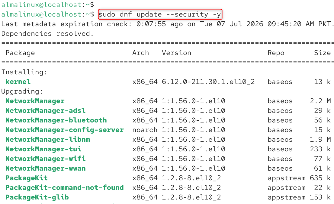   sudo dnf update --security -y
