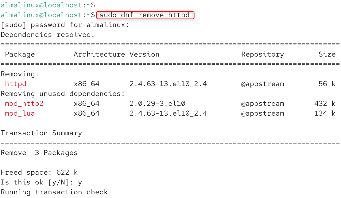   sudo dnf remove httpd
