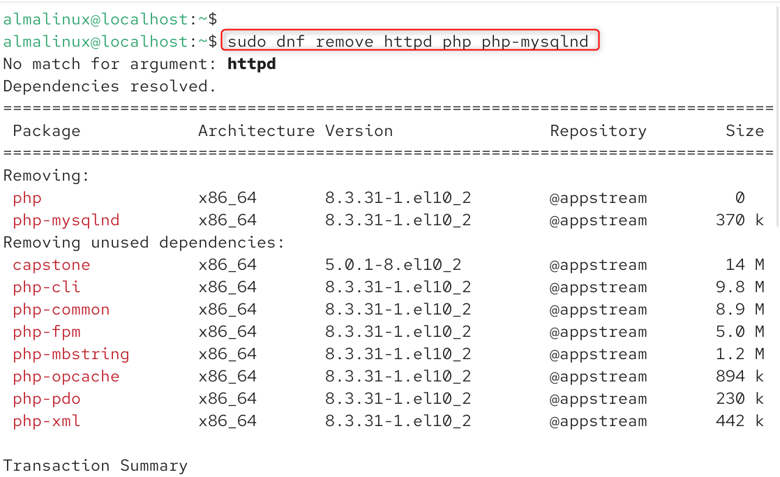   sudo dnf remove httpd php php-mysqlnd
