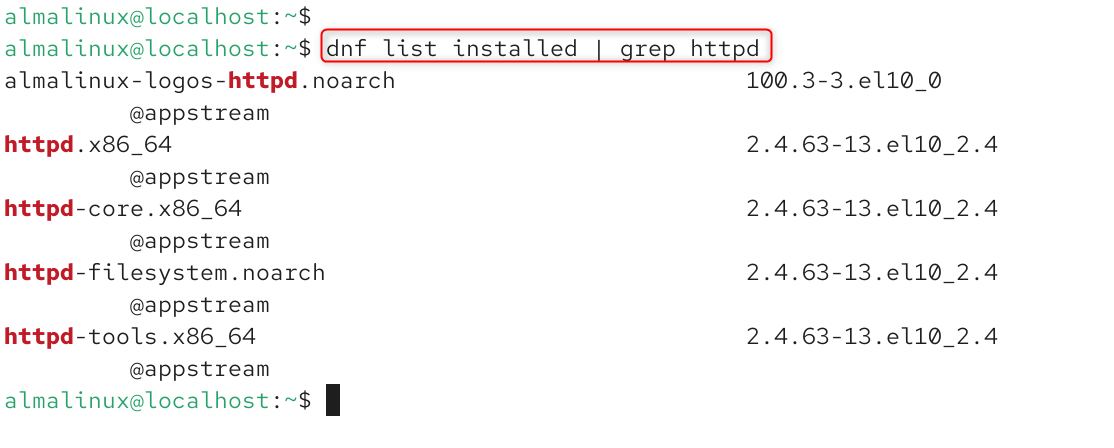   dnf list installed | grep httpd
