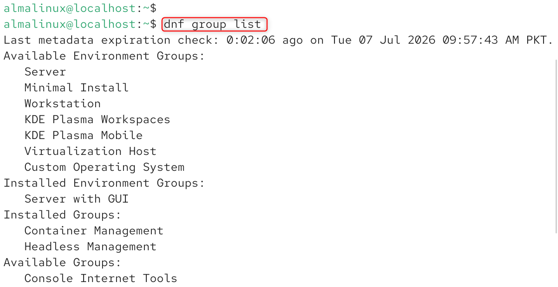   dnf group list
