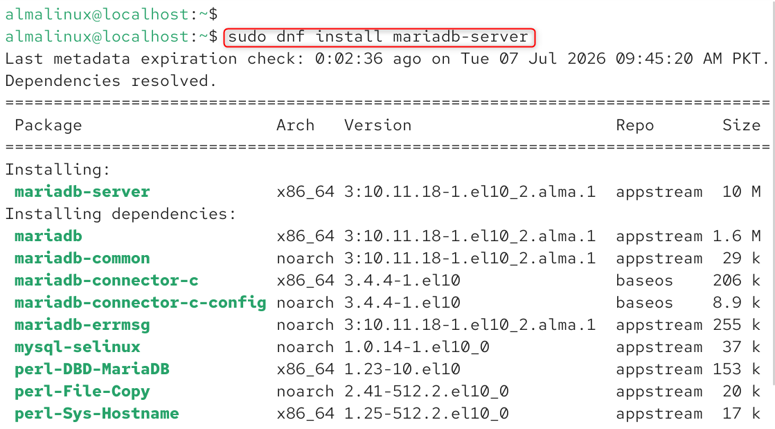   sudo dnf install mariadb-server
