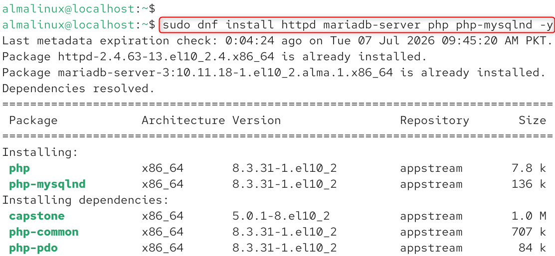   sudo dnf install httpd mariadb-server php php-mysqlnd -y
