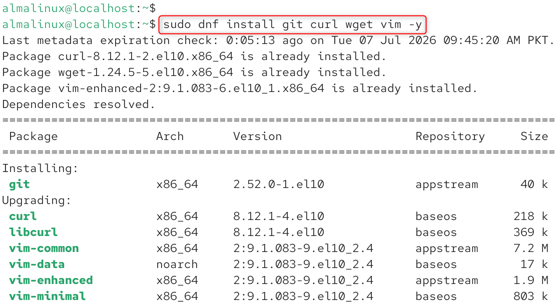   sudo dnf install git curl wget vim -y
