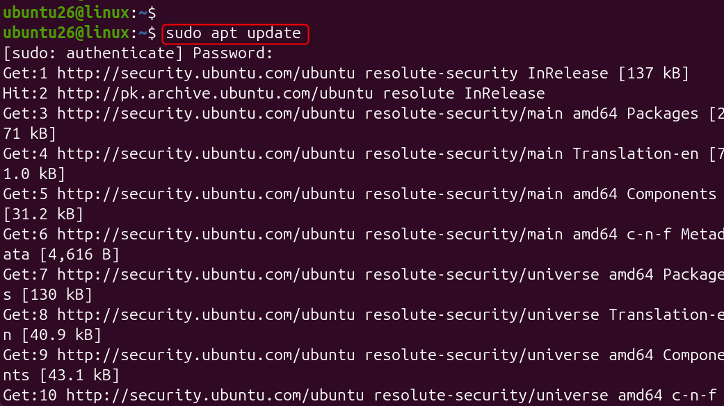   sudo apt update
