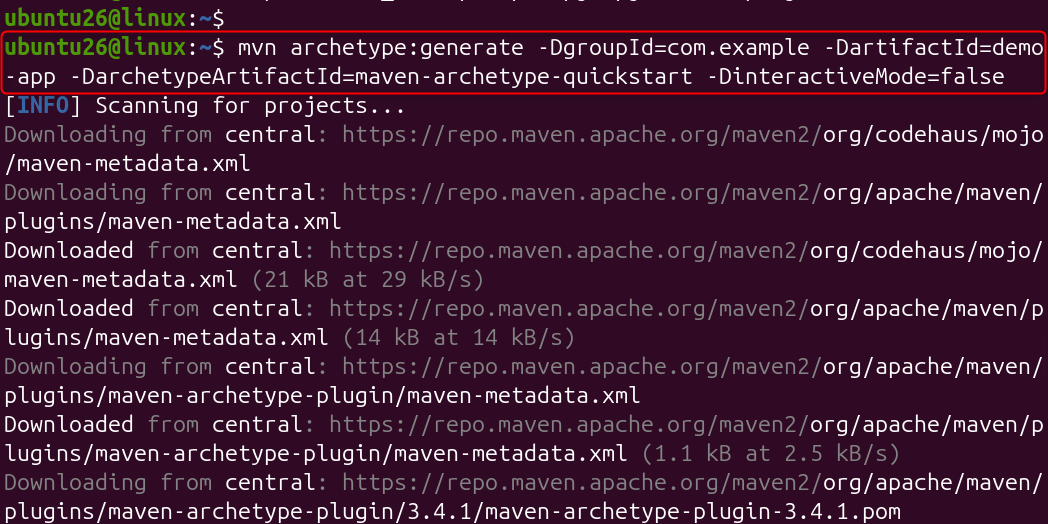   mvn archetype:generate -DgroupId=com.example -DartifactId=demo-app -DarchetypeArtifactId=maven-archetype-quickstart -DinteractiveMode=false
