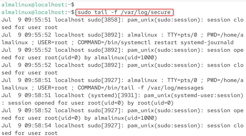   sudo tail -f /var/log/secure
