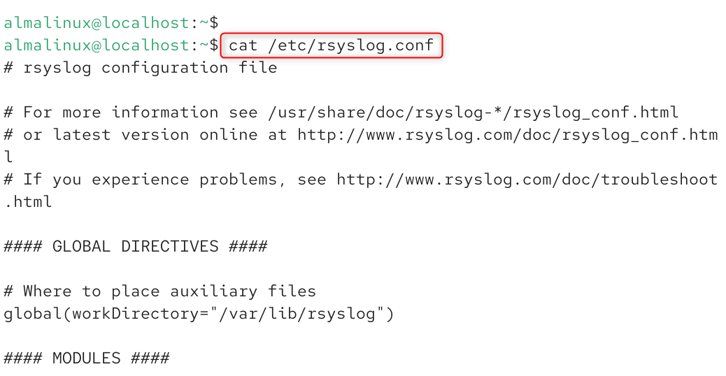   cat /etc/rsyslog.conf
