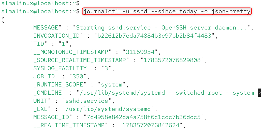   journalctl -u sshd --since today -o json-pretty
